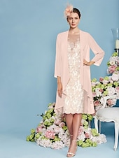 cheap With Jacket-Beach Wedding Two Piece Sheath Mother of the Bride Dress Elegant Jewel Neck Knee Length Chiffon Lace 3/4 Length Sleeve Wrap Included Jacket Dresses with Beading Appliques free custom size