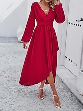 voordelige Chiffon Jurken-Dames Maxi-jurk Casual jurk Cocktail jurk Bruiloft gast jurk Chiffon jurk Elegant Maxi Casual Werk Straat Feestdagen Normale pasvorm Lange mouw V-hals Zwart Rood Marineblauw Groen Herfst