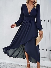 voordelige Chiffon Jurken-Dames Maxi-jurk Casual jurk Cocktail jurk Bruiloft gast jurk Chiffon jurk Elegant Maxi Casual Werk Straat Feestdagen Normale pasvorm Lange mouw V-hals Zwart Rood Marineblauw Groen Herfst
