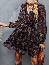 preiswerte Elegante Blumenkleider-Damen Freizeitkleid formelles Kleid Blumendruck V-Ausschnitt Minikleid stilvoll lässig täglich Date Langarm Sommer