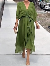 cheap Cocktail Dress-Women&#039;s Chiffon Dress Maxi Dress Chiffon Lace up Ruffle Party Wedding Guest Date Elegant Streetwear V Neck 3/4 Length Sleeve White Blue Green Color