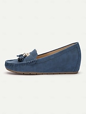 billiga Lätta damskor-dam loafers i blå mocka med tofsar – bekväma slip-on mockasiner för vardagligt och vardagsbruk