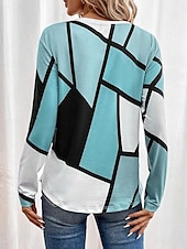 cheap Stripe&amp;Geometric tee-Women&#039;s T Shirt Casual Color Block Print Long Sleeve Regular Tops Crew Neck Daily Pink Navy Blue Blue Purple Spring Fall