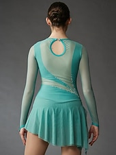 cheap Figure Skating Dresses-Figure Skating Dress Women's Girls' Ice Skating Dress Green Patchwork Thumbhole Mesh High Elasticity Training Competition Skating Wear Classic Long Sleeve Ice Skating Figure Skating