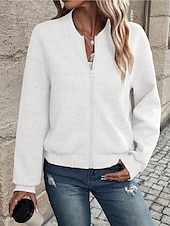 billiga bomberjacka-Dam Vardaglig jacka Utomhus Gata Dagligen Höst Vinter Normal Täcka Normal Vindtät Håller värmen Andningsfunktion Stylish Nutida Ledigt Jacka Långärmad Slät Blixtlås i fullängd Svart Vit Grå