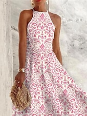 billiga Eleganta blommiga klänningar-Dam Maxiklänning Vardagsklänning Swingklänning Sommarklänning Klänning med tryck Mode Modern Ledigt Utomhus Semester Dagligen Normal Blommig Ärmlös Rund hals Rodnande Rosa Blå Purpur Grön Sommar Vår