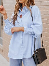 voordelige Vrouwen Werk Tops-dames overhemd blouse casual gestreept knopen zak lange mouw normale tops overhemd kraag dagelijks zwart blauw lente&amp;amp;  val