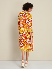 economico abito casual stampato-Abito midi con scollo a V e maniche a 3/4 con cravatta in raso sul davanti