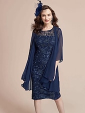 economico Con giacca-Abito a due pezzi madre della sposa abito elegante scollatura a gioiello lunghezza ginocchio pizzo chiffon elasticizzato maniche 3/4 giacca inclusa abito con pizzo 2025 taglia personalizzata gratuita