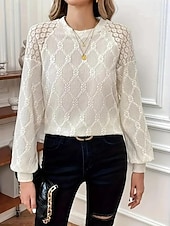 preiswerte Texturierte Kapuzenpullover &amp; Sweatshirts-Damen Bluse Elegant Spitze Öse Langarm Rundhals Alltag Beige Sommer