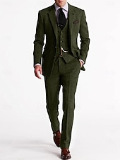 abordables Costumes formels-costumes à chevrons en tweed pour hommes 3 pièces vintage rétro grande taille couleur unie coupe ajustée simple boutonnage deux boutons marron bordeaux bleu marine foncé vert automne/hiver