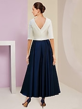 economico Mom&#039;s Dress Sets-Beach Wedding A-Line Mother of the Bride Dress Wedding Guest Elegant Vintage Jewel Neck Tea Length Charmeuse Half Sleeve with Pleats Crystals free custom size