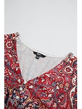 ieftine tricou boho-Pentru femei Tricou Cămașă Henley Floral Epocă Έθνικ Zilnic De Bază Lungime Manșon 3/4 În V Topuri obișnuite Concediu Sfârșit de săptămână Nasturi Imprimeu Roșu-aprins Mov Trifoi Kaki Gri Toamna iarna