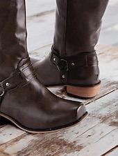 olcso Cowboy és nyugati csizma-női barna műbőr western cowboy csizma gyűrűs hevederrel - tartós és stílusos kültéri és hétköznapi viselethez