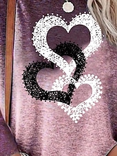 billige Kunst &amp; Design t-skjorte-Valentine Kvinners Hjerte T-skjorte Casual Trykk Langermet Vanlige Topper Crew hals Daglig Lilla Grønn Vår Høst