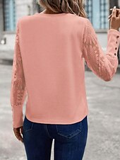 cheap Lace Tops-Women&#039;s White Elegant Lace Tops Eyelet Blouse Dressy Tops Elegant Lace Buttons Long Sleeve Crew Neck Daily Romantic Petite Tops Summer Holiday Wear Pink Khaki Summer Semi Formal Blouses