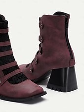 preiswerte 1930er Jahre-Burgunderfarbene Riemchenstiefel im Vintage-Stil mit dickem Absatz und Spitzendetail für Damen, ideal für Abendveranstaltungen und stilvolle Ausflüge
