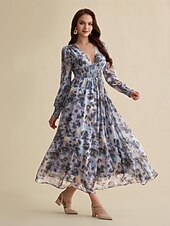 abordables Robes décontractées-femme robe longue invité de mariage bleu manches longues fleurs / plantes mousseline impression printemps &amp;amp;  Robe à motif col en V d&#039;automne, robe volante, robes corset s m l