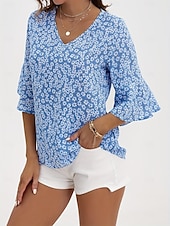 billige Kvinne Grafiske Topper-Dame Skjorte Bluse Dressy topper Blomstret Fritid 3/4 ermer Klokke V-hals Vanlige topper Feriereise Daglig Trykt mønster Gul Blå Grønn Vår sommer