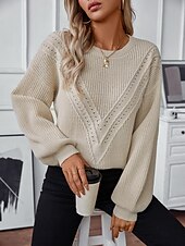 preiswerte Grafische Muster und Details-Damen Pullover Stilvoll Feste Farbe Gerippt Rundhalsausschnitt Strick Laternenärmel Langarm Lange Oberteile Stricken Arbeit Täglich Weiß Beige Herbst Winter