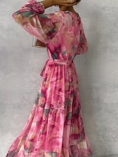 ieftine Rochii florale elegante-Pentru femei Rochie Lunga Rochie Maxi Rochii din Șifon Rochie A line Elegant Oficial Petrecere Invitat la nunta Zilnic Fit regulat Floral Manșon Lung În V Fucsia Vară
