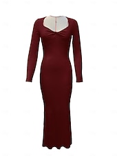 abordables Tendances-Robe longue côtelée moulante décontractée à manches longues pour femmes, col carré torsadé