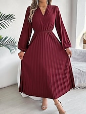 economico maxi abito nero-Per donna Abito da lavoro Abito linea A Di tendenza Ufficio Moda da lavoro Rimborsate Abito lungo Abito lungo A pieghe A V Manica lunga Liscio Standard Nero Vino Marrone Primavera Autunno S M L XL