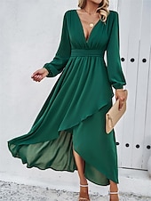 voordelige Chiffon Jurken-Dames Maxi-jurk Casual jurk Cocktail jurk Bruiloft gast jurk Chiffon jurk Elegant Maxi Casual Werk Straat Feestdagen Normale pasvorm Lange mouw V-hals Zwart Rood Marineblauw Groen Herfst