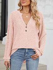abordables Couleurs unies-Femme Pull Chandail mode Décontractées Couleur unie A côtes Col V Boutons manche longue Hauts réguliers Tricoter du quotidien Rose Claire Bleu Printemps Automne