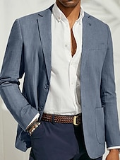 billige Lin blazer-Herre Lin Blazer Jakke Sportjakke Mote Uformell Sommer Enfarget Mørk Blå Beige Lys Blå Tilpasset Passform Enkeltknapp To-knapper