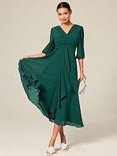 cheap Cocktail Dress-Women&#039;s Midi Dress Green Solid Color V-Neck Half Sleeve Ruffled Sophisticated Chic Zip-Back Summer Semi-Formal Wedding Party Evening Elegant Flowy Lightweight Apparel