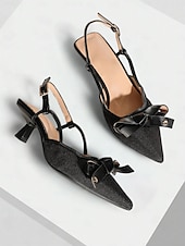 abordables tacones kitten-Tacones con punta en punta para mujer: zapatos de tacón de gatito de cuero marrón y lona beige con detalle de lazo, perfectos para la oficina, fiestas y ropa informal.