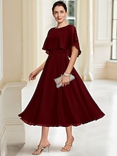 voordelige Vloerlengte-Strand Bruiloft A-Lijn Moeder van de Bruid Jurk Elegante Sierlijke Hals Thee Lengte Chiffon Halve Mouw met Kant maat op maat