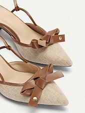 abordables tacones kitten-Tacones con punta en punta para mujer: zapatos de tacón de gatito de cuero marrón y lona beige con detalle de lazo, perfectos para la oficina, fiestas y ropa informal.