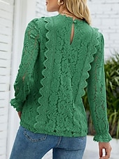 abordables Hauts en dentelle-Hauts en dentelle élégants pour femmes Blouse en œillets Élégant Haut en dentelle uni à manches lanternes à manches longues col en V Hauts romantiques petits pour l&#039;été Vacances de l&#039;été Rose Bleu
