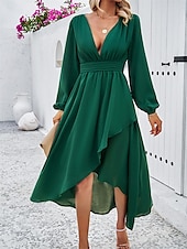 voordelige Chiffon Jurken-Dames Maxi-jurk Casual jurk Cocktail jurk Bruiloft gast jurk Chiffon jurk Elegant Maxi Casual Werk Straat Feestdagen Normale pasvorm Lange mouw V-hals Zwart Rood Marineblauw Groen Herfst