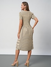 billige Blomstrete kjoler-Dame Midikjole Skiftkjole Elegant Fritid Arbeid Daglig Løstsittende Stripe Kortermet Crew-hals Svart Kakifarget Sommer