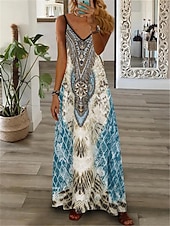 Women's Maxi long Dress Casual Dress A Line Dress Slip Dress Print Dress Vintage Retro Casual Outdoor Daily Date Regular Fit Geometric Tribal Sleeveless V Neck Royal Blue Blue Summer Spring4