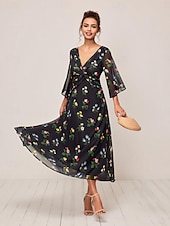 economico Abiti eleganti floreali-Per donna Vestito maxi Abito linea A Elegante Moda Manica svasata Invitati del matrimonio Giornaliero Cocktail party Standard Floreale Manica a 3/4 A V Nero Estate Autunno