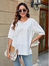 abordables Chemises-Femmes Chemise Chemises inspirées du lin Couleur Unie Fleuri Occasionnel Boho Manche 3/4 Manches au coude Col ras du cou Hauts Réguliers Vacances Soirée Quotidien Broderie Blanche Jaune Kaki Automne