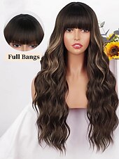 baratos Perucas de festa-peruca marrom com franja para mulheres peruca de cabelo longo ondulado peruca marrom com mechas perucas sintéticas onduladas e cacheadas para meninas uso diário em festas perucas de carnaval