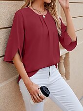 cheap Women&#039;s Plain Tops-Shirt Blouse Women&#039;s White Pink Wine Plain Sexy Street Daily Fashion Round Neck Regular Fit S