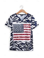 cheap Independence Day Top-Independence Day Women&#039;s T Shirt American Flag Camo Print Short Sleeve V Neck Button Detail Casual Summer Top Regular Plus Size Patriotic Clothing Apparel