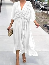 cheap Cocktail Dress-Women&#039;s Chiffon Dress Maxi Dress Chiffon Lace up Ruffle Party Wedding Guest Date Elegant Streetwear V Neck 3/4 Length Sleeve White Blue Green Color