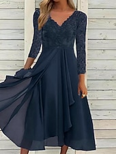 Women's Lace Dress Midi Dress Chiffon Lace Patchwork Date Vacation Streetwear Casual V Neck 3/4 Length Sleeve Blue Green Color4