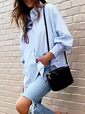 voordelige Vrouwen Werk Tops-dames overhemd blouse casual gestreept knopen zak lange mouw normale tops overhemd kraag dagelijks zwart blauw lente&amp;amp;  val