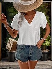 economico Top Semplici da Donna-Per donna Camicia Blusa Tinta unica Elegante Moda Essenziale Manica corta A V Top regolari Giornaliero Pizzo Bianco Estate Primavera