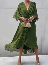 cheap Cocktail Dress-Women&#039;s Chiffon Dress Maxi Dress Chiffon Lace up Ruffle Party Wedding Guest Date Elegant Streetwear V Neck 3/4 Length Sleeve White Blue Green Color