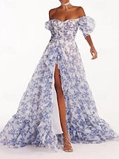 preiswerte Kleider für den-Damen Strandkleid Blumendruck asymmetrisch schulterfrei Laternenärmel langes Kleid Maxikleid süß stylisch Hochzeit Valentinstag Kurzarm Sommer Frühling
