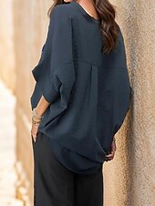 billige Kvinnenes arbeids topper-damebluse elegant stilig ensfarget rynket flaggermus-erm 3/4 lengde erme med hakk i halsen arbeid daglig hvit marineblå brun brun grønn sommer vår høst